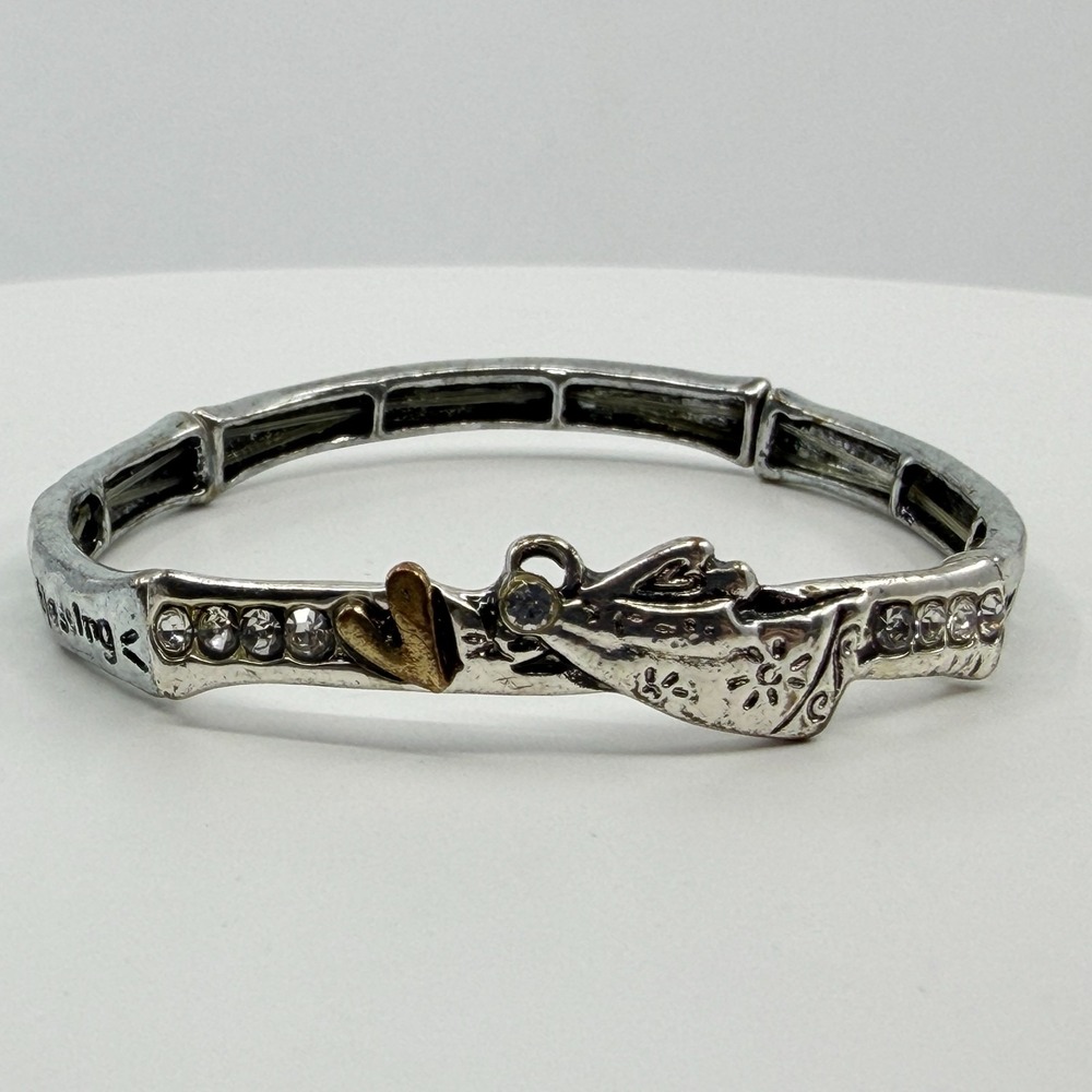Y2K Angel Blessing Rhinestone Stretch Bracelet Silver Tone Heart Romantic Gift